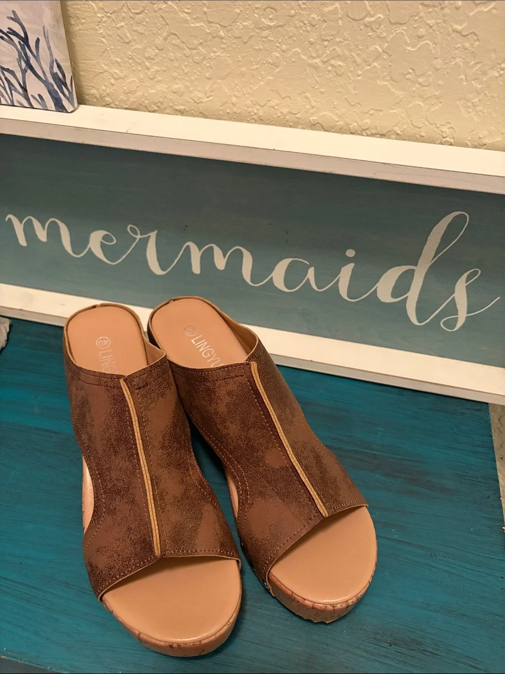 SHEIN Brown Faux-Cork Wedge Slide Sandals